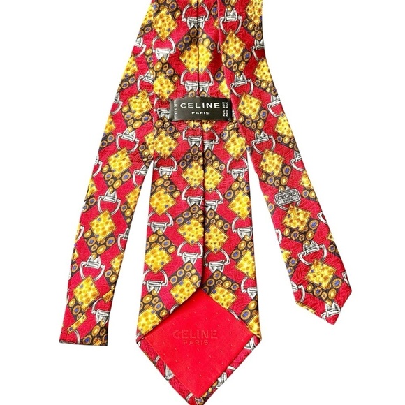 Celine Red & Gold Horse Bit 100% Silk Men’s Neck Tie - Picture 5 of 11